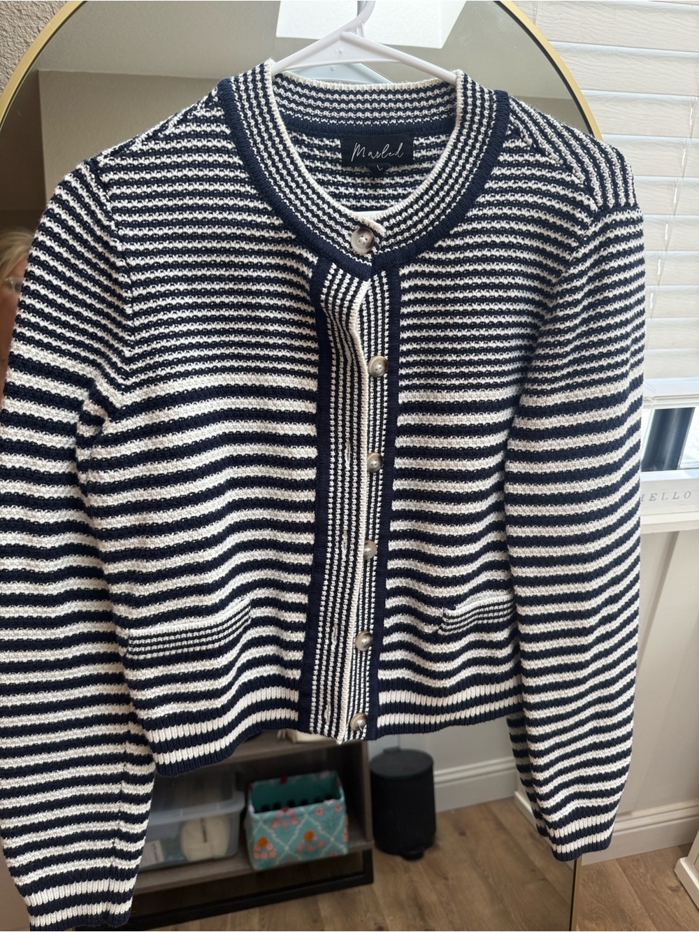 MARELLA Navy and White Striped Pearl-Button Cardigan